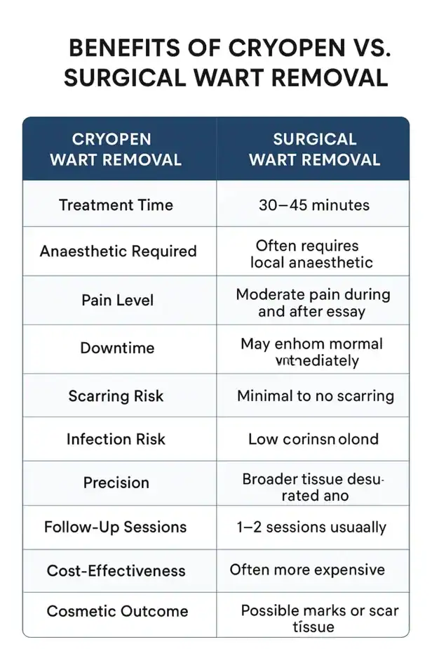 Table showing the benefits of cryopen to remove warts Norfolk compared to surgical treatment